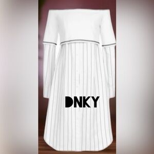 DKNY Women's Layered Look Off-the-Shoulder Dress Creamy White Pinstripe Small